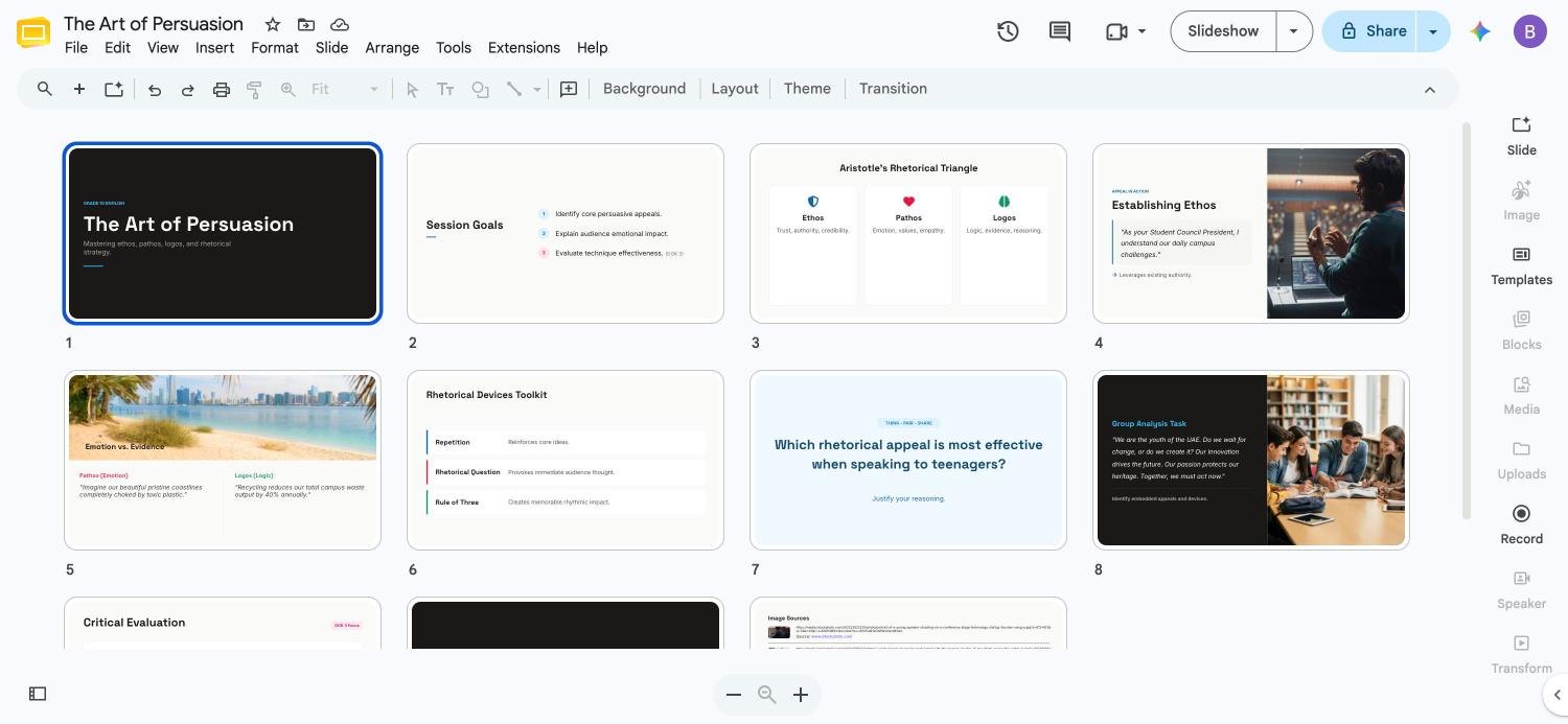 The exported deck in Google Slides grid view: title, goals, rhetorical triangle, ethos, pathos versus logos, devices, Think-Pair-Share, group task