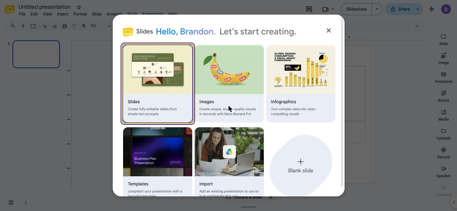 New Slides deck showing the Let's start creating window with the Slides option highlighted