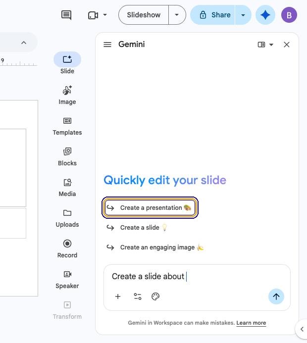 Gemini side panel with the Create a presentation suggestion highlighted
