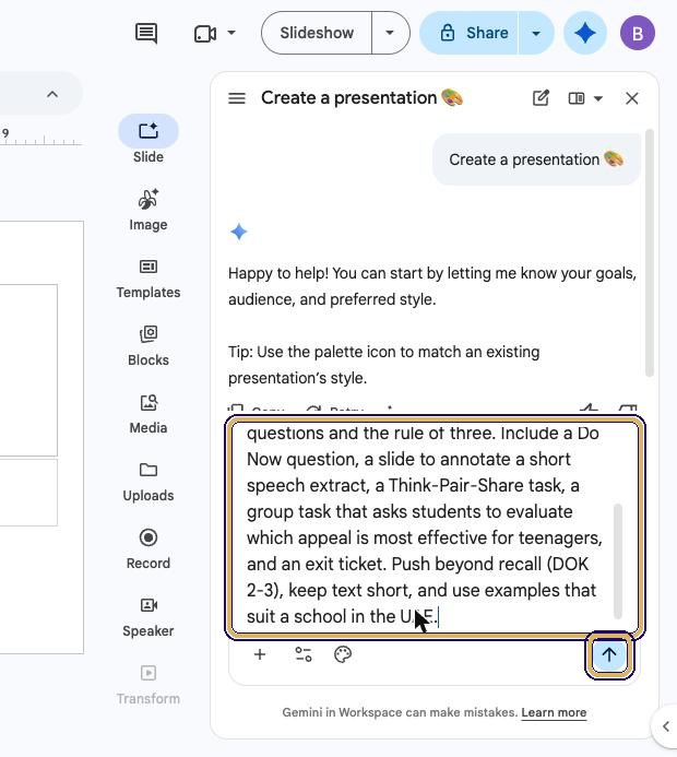 Prompt describing a 10-slide Grade 10 English lesson typed into the Gemini panel, with the send arrow highlighted