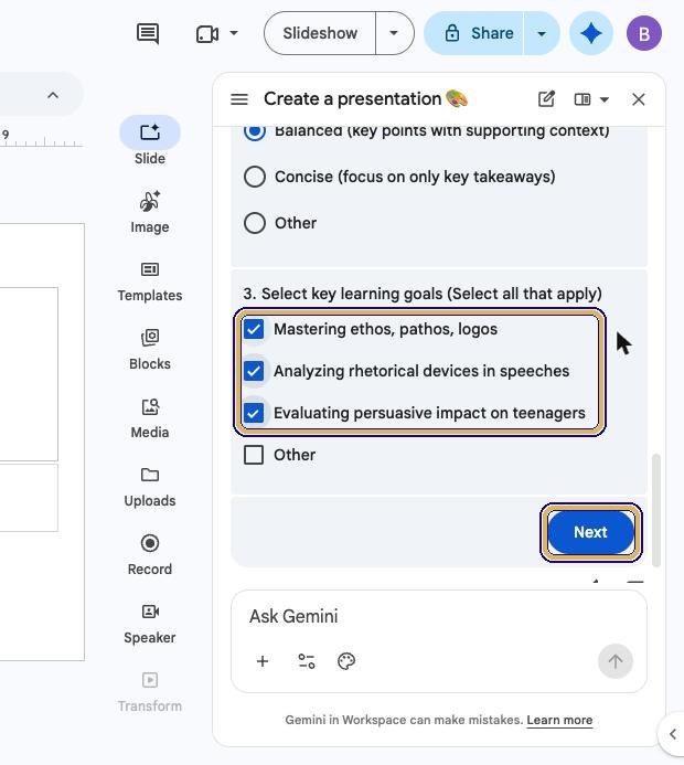 Key learning goals all ticked and the Next button highlighted