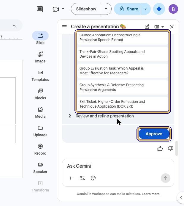Slide-by-slide plan in the Gemini panel with the Approve button highlighted