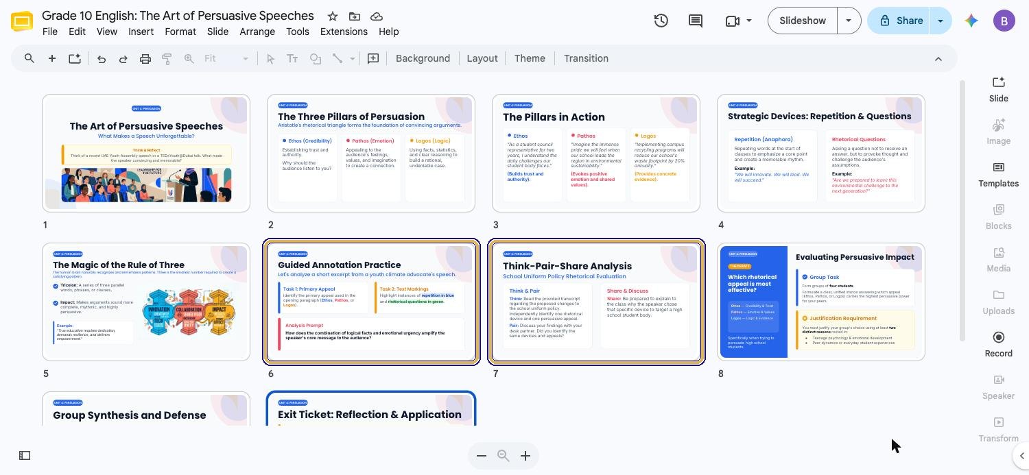 Finished deck in grid view with slides 6 and 7 highlighted