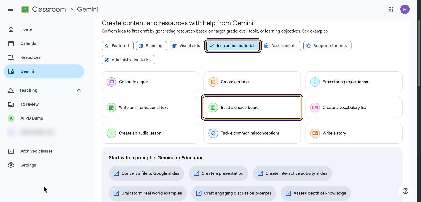 Instruction material filter selected with Build a choice board highlighted