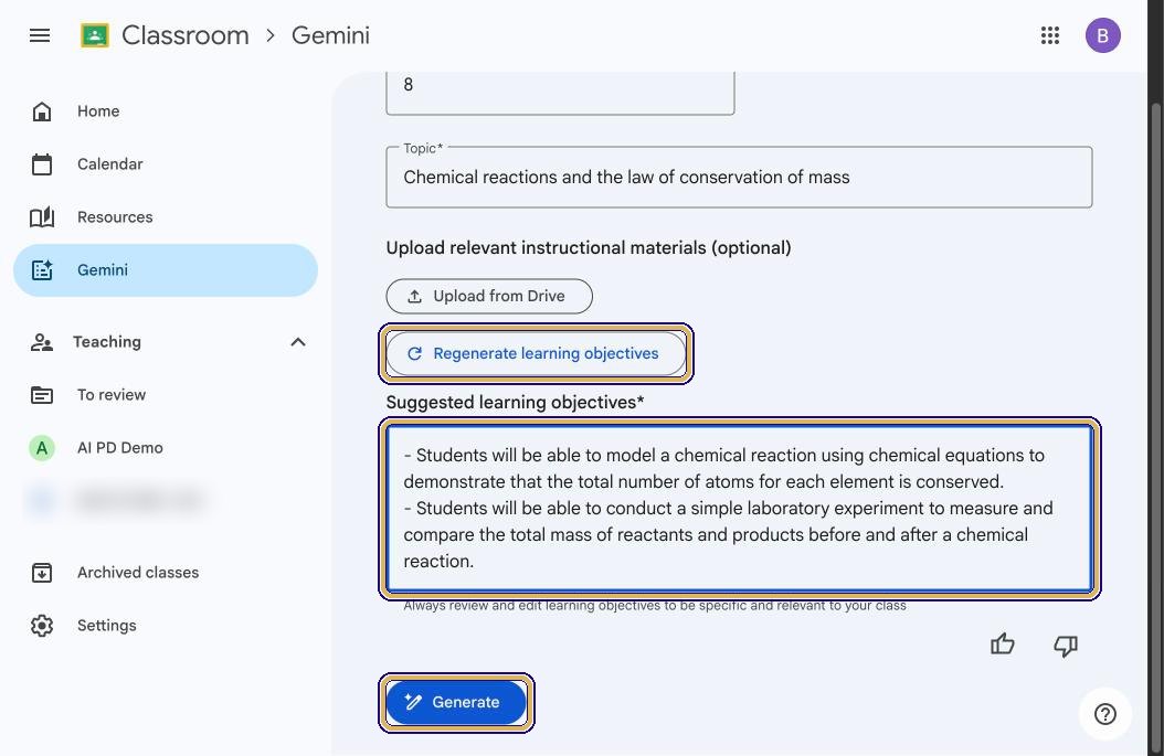 Suggested learning objectives box with two objectives, Regenerate learning objectives and Generate highlighted
