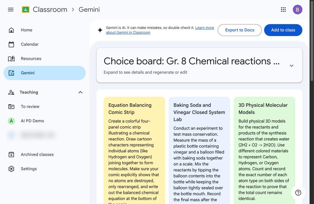 Choice board for Grade 8 chemical reactions with coloured activity cards: comic strip, closed system lab, 3D molecular models