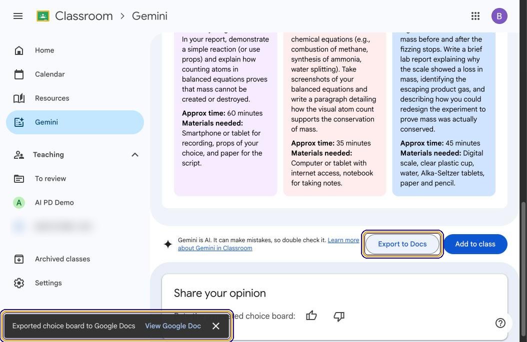 Export to Docs button and Exported choice board to Google Docs message with View Google Doc