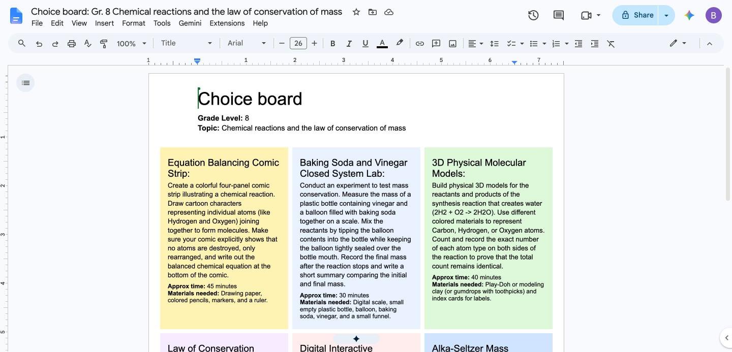 Exported choice board Google Doc with the coloured activity grid