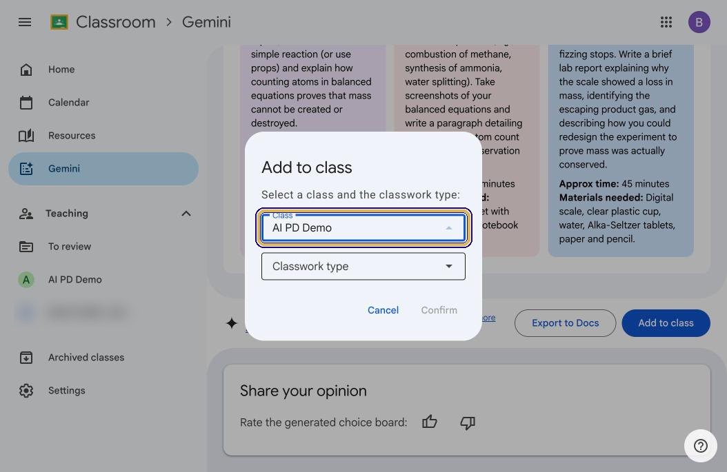 Add to class dialog with AI PD Demo selected as the class