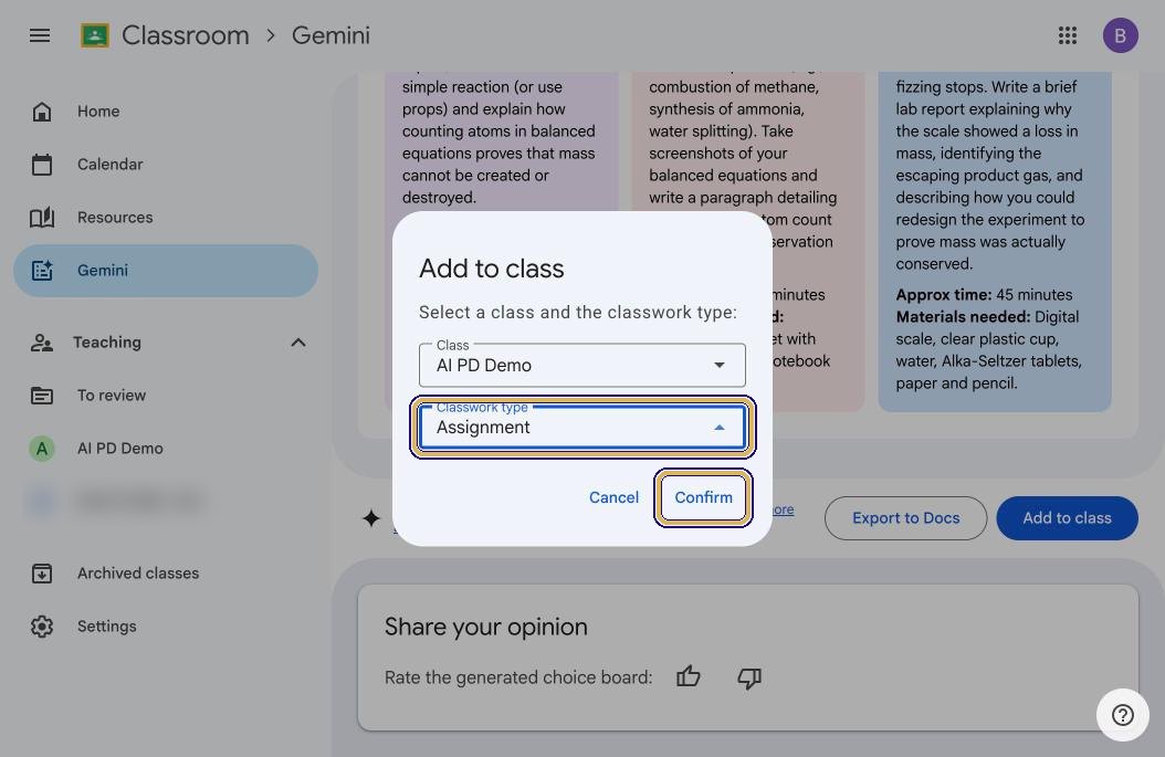 Classwork type Assignment selected and Confirm highlighted