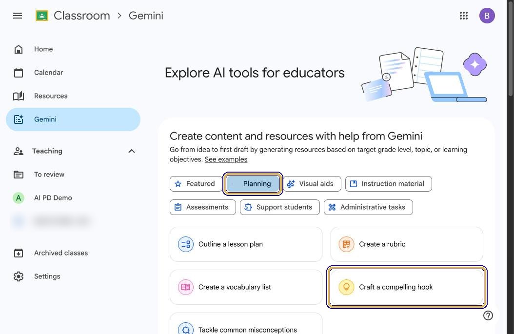 Gemini tab with the Planning filter selected and Craft a compelling hook highlighted