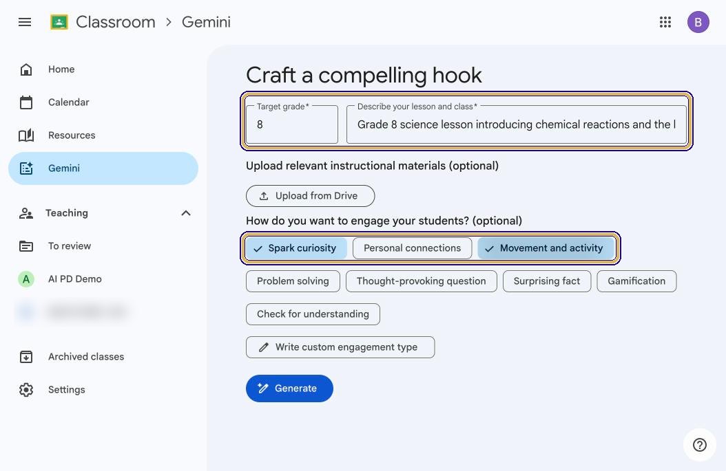 Target grade 8, lesson description filled in, Spark curiosity and Movement and activity selected