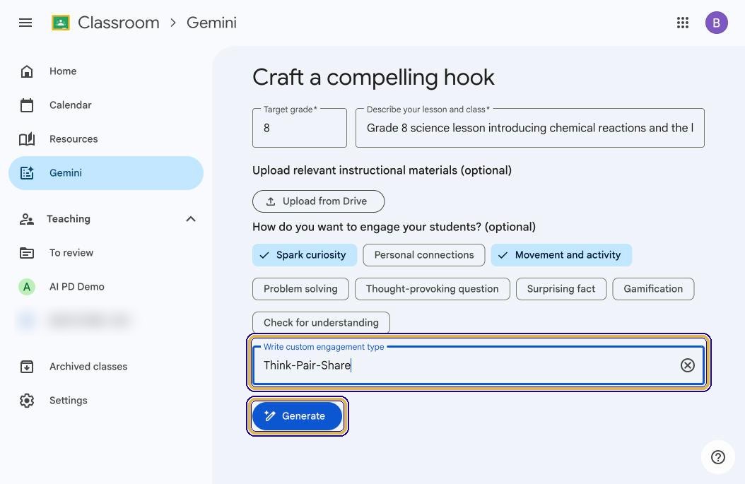 Write custom engagement type field with Think-Pair-Share typed, and the Generate button highlighted