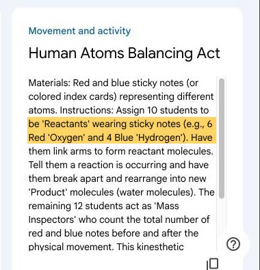 Human Atoms Balancing Act card with the line about 6 red Oxygen and 4 blue Hydrogen notes highlighted