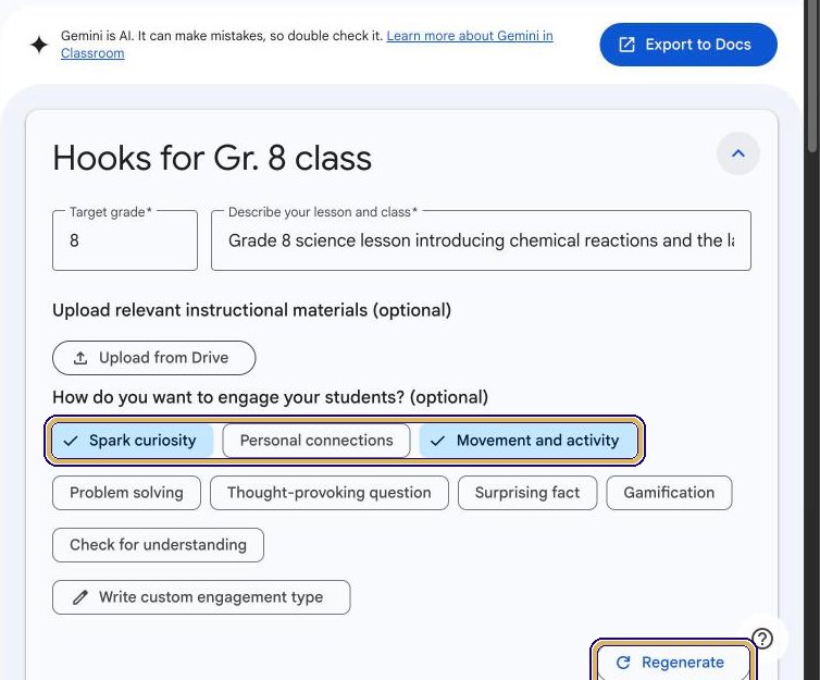 Expanded Hooks panel with engagement styles and the Regenerate button highlighted