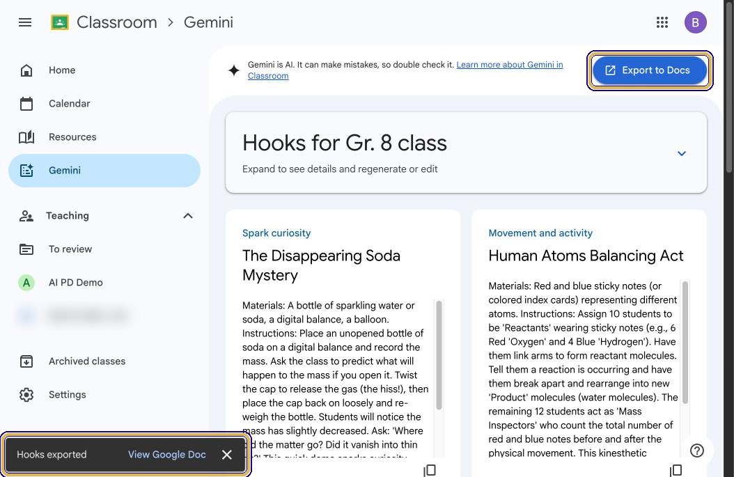 Export to Docs button and the Hooks exported message with View Google Doc link