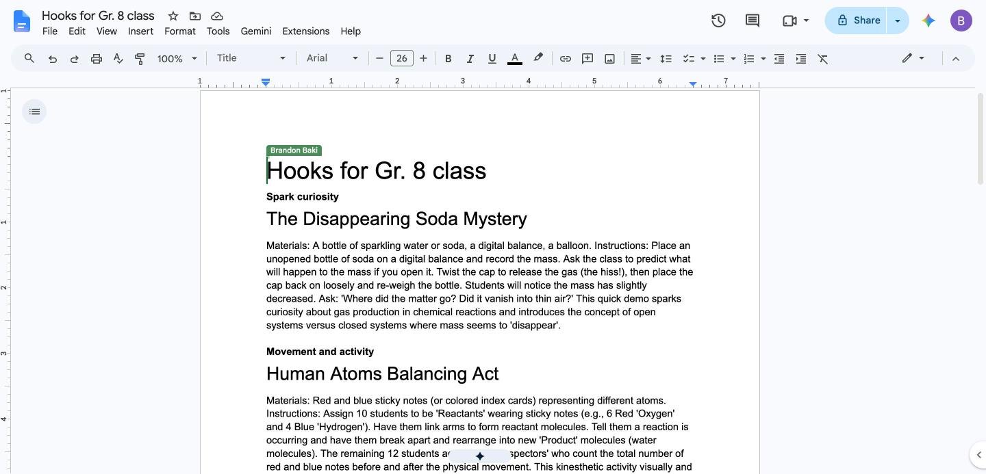 Exported Google Doc titled Hooks for Gr. 8 class with each hook as a heading