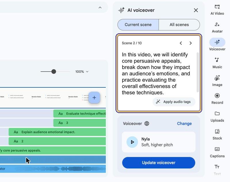 AI voiceover panel showing Scene 2 of 10 with its script