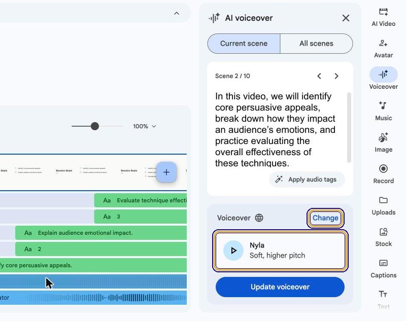Voiceover section showing the Nyla voice and the Change link