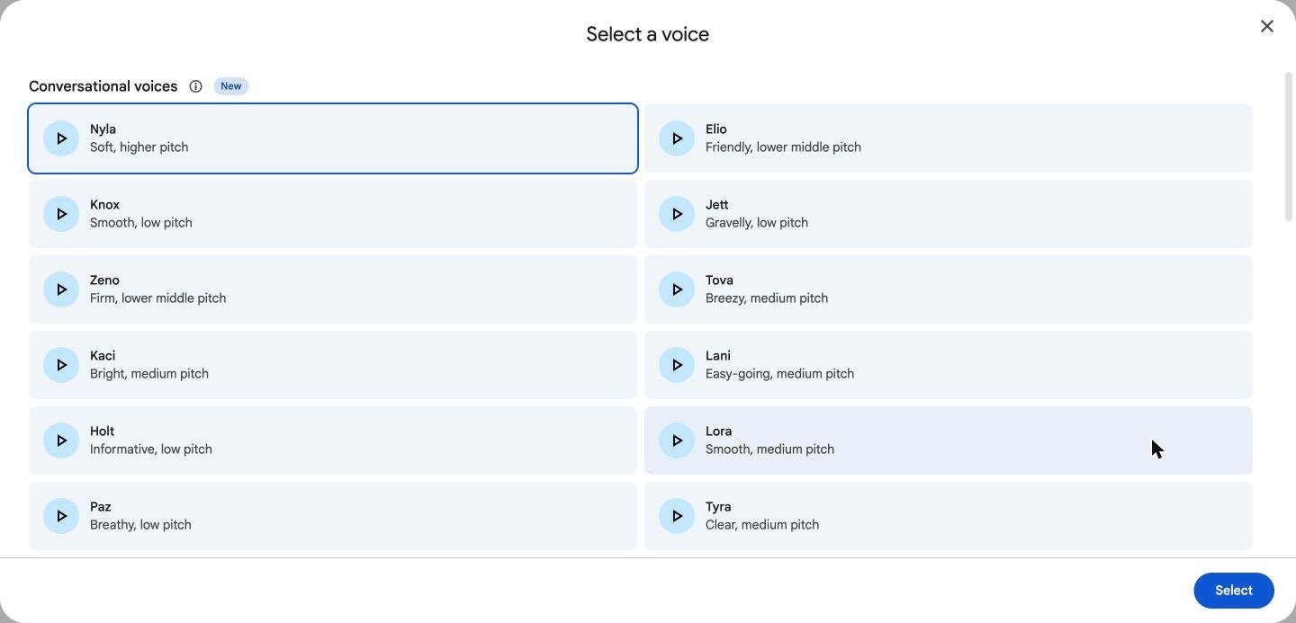 Select a voice window listing voices such as Nyla, Elio, Knox and Jett