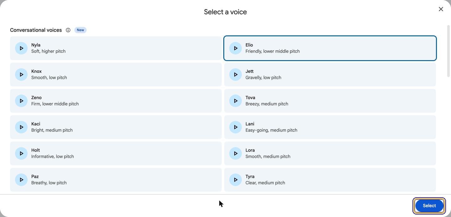 Elio selected in the voice list and the Select button highlighted