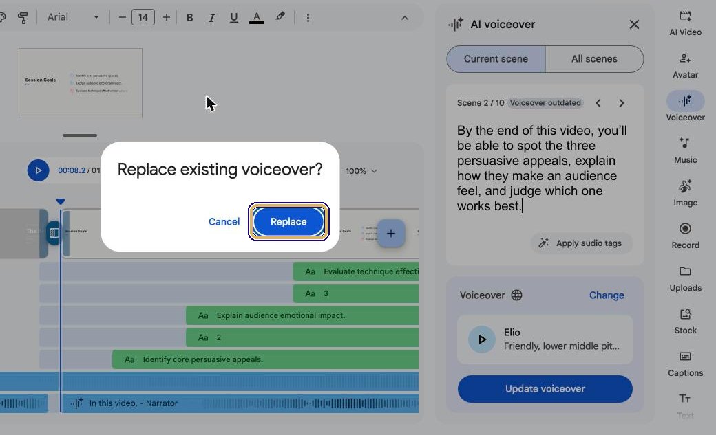 Replace existing voiceover dialog with the Replace button highlighted