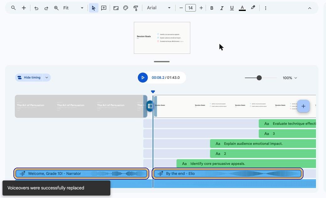 Timeline showing Welcome, Grade 10 by Narrator and By the end by Elio