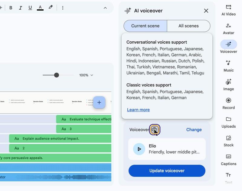 Language list: conversational voices support English, Spanish, Arabic, Hindi, French and others