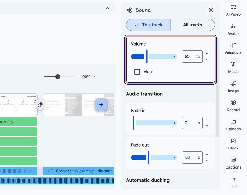 Sound panel with Volume at 65 percent