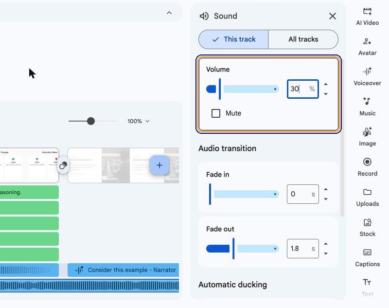 Sound panel with Volume at 30 percent