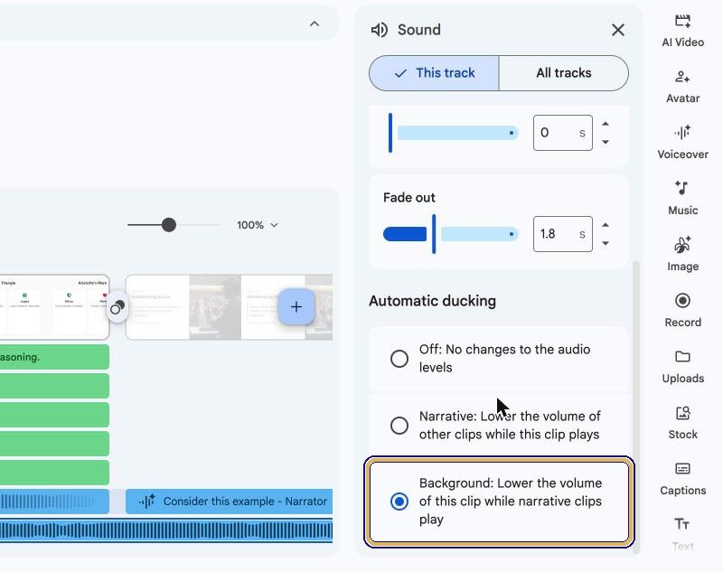 Automatic ducking options with Background selected: lower the volume of this clip while narrative clips play