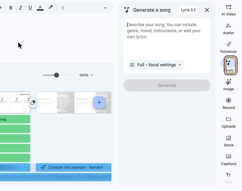 Generate a song panel open, with the Music button highlighted