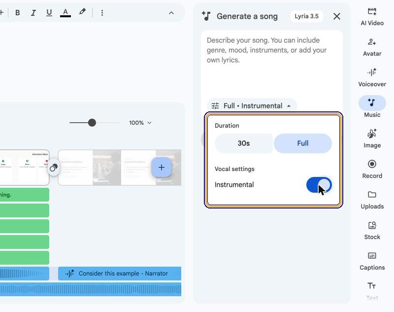 Settings menu with Duration Full and the Instrumental switch on