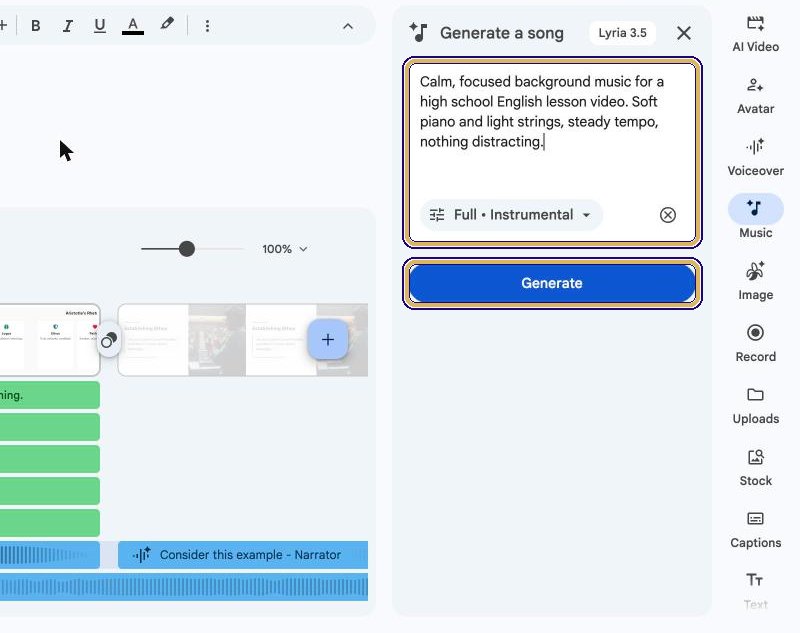 Music description typed in and the Generate button highlighted