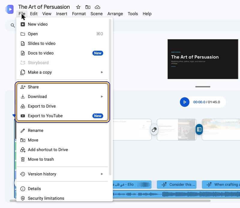 Vids File menu with Share, Download, Export to Drive and Export to YouTube highlighted