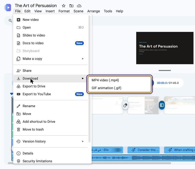 Download submenu with MP4 video and GIF animation