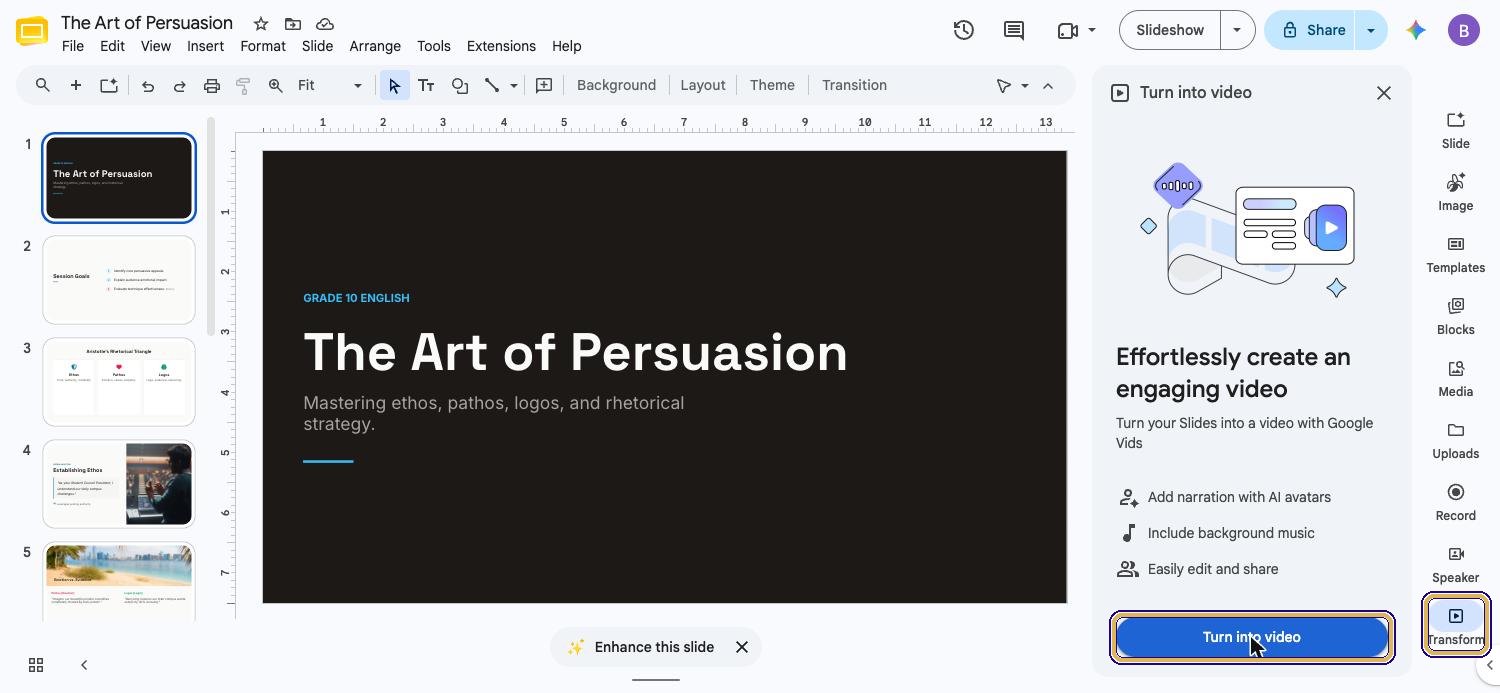 Google Slides with the Transform button on the right and the Turn into video panel open, Turn into video highlighted