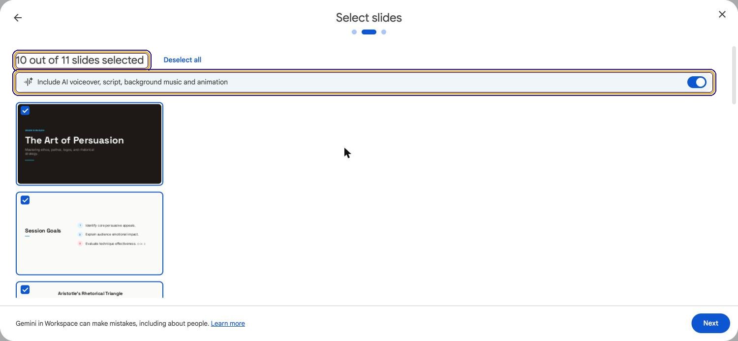 Select slides screen showing 11 out of 11 slides selected and the AI voiceover, script, music and animation switch on