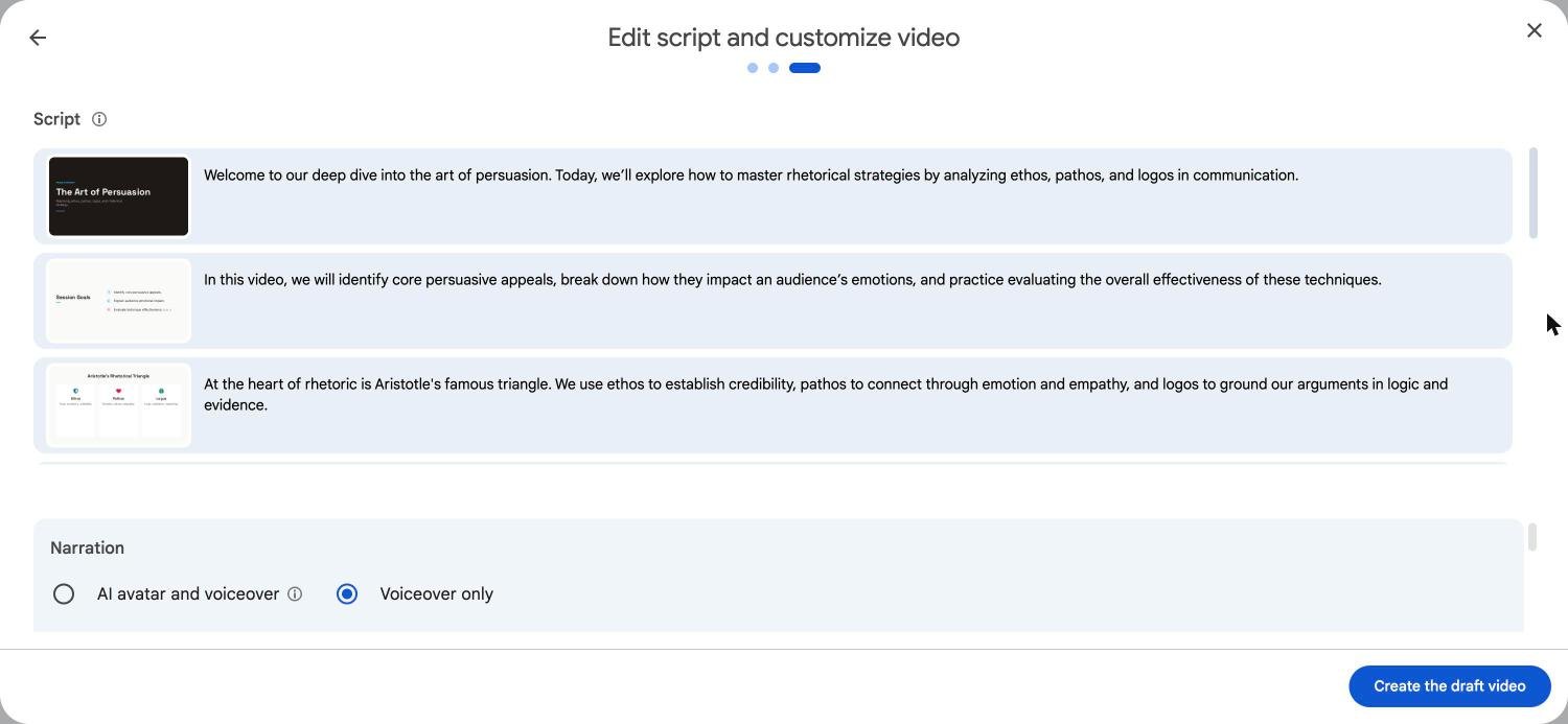 Edit script and customize video screen with one script box per slide