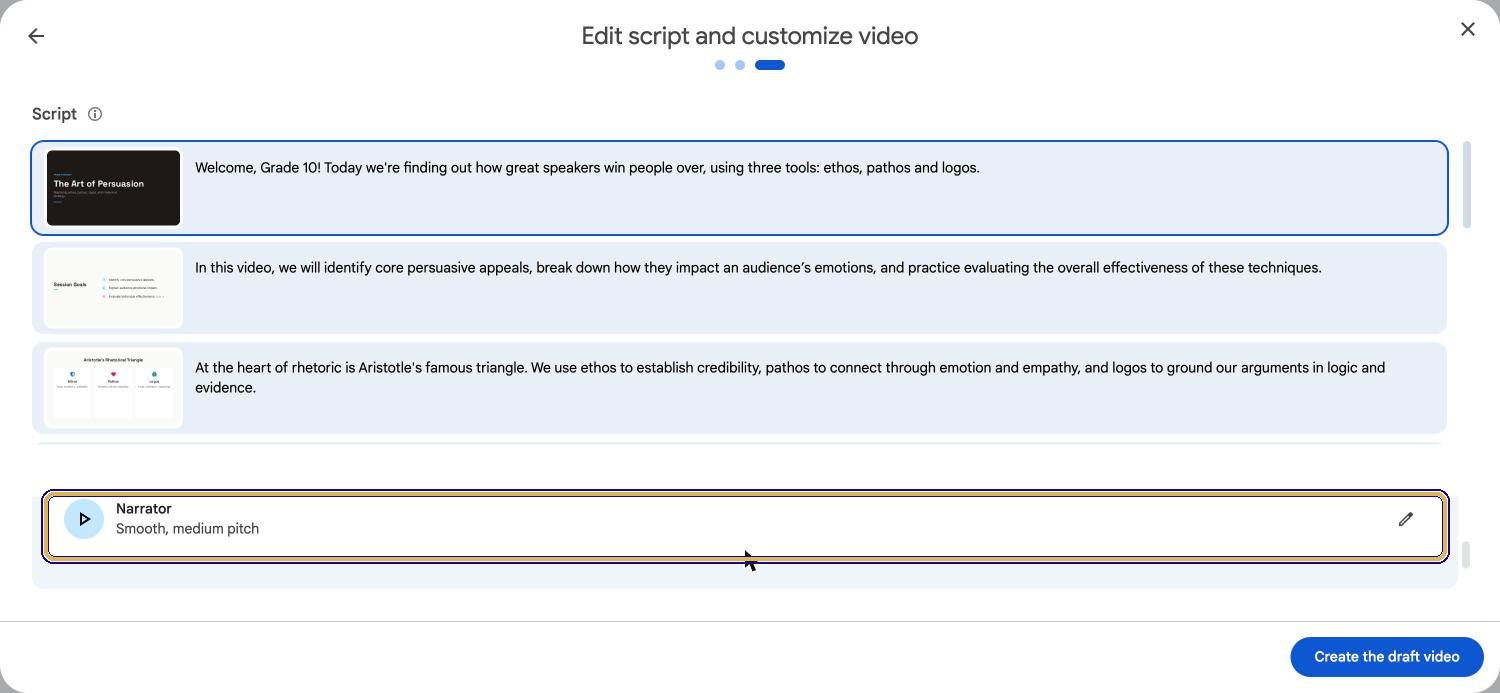 The Narrator voice, Smooth, medium pitch, with a play button and an edit pencil