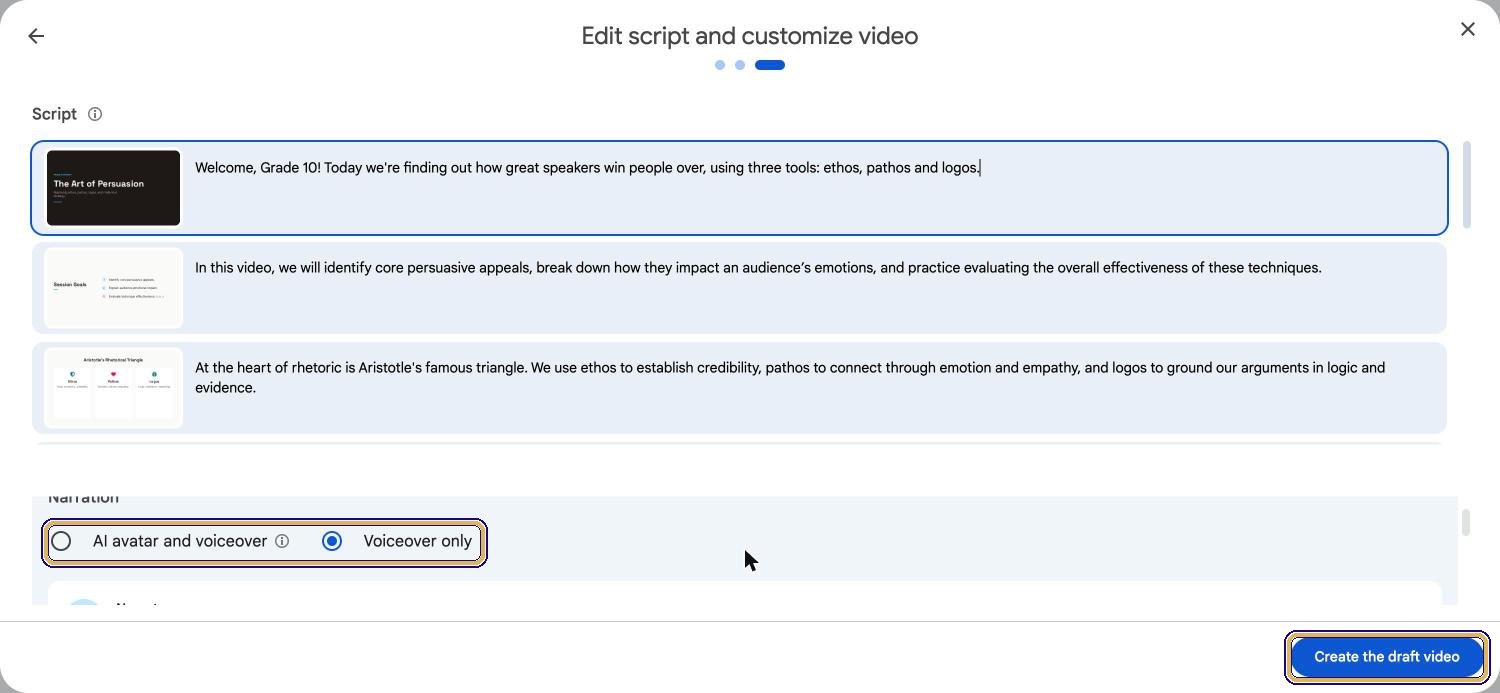 Narration options: AI avatar and voiceover, or Voiceover only, with Create the draft video highlighted