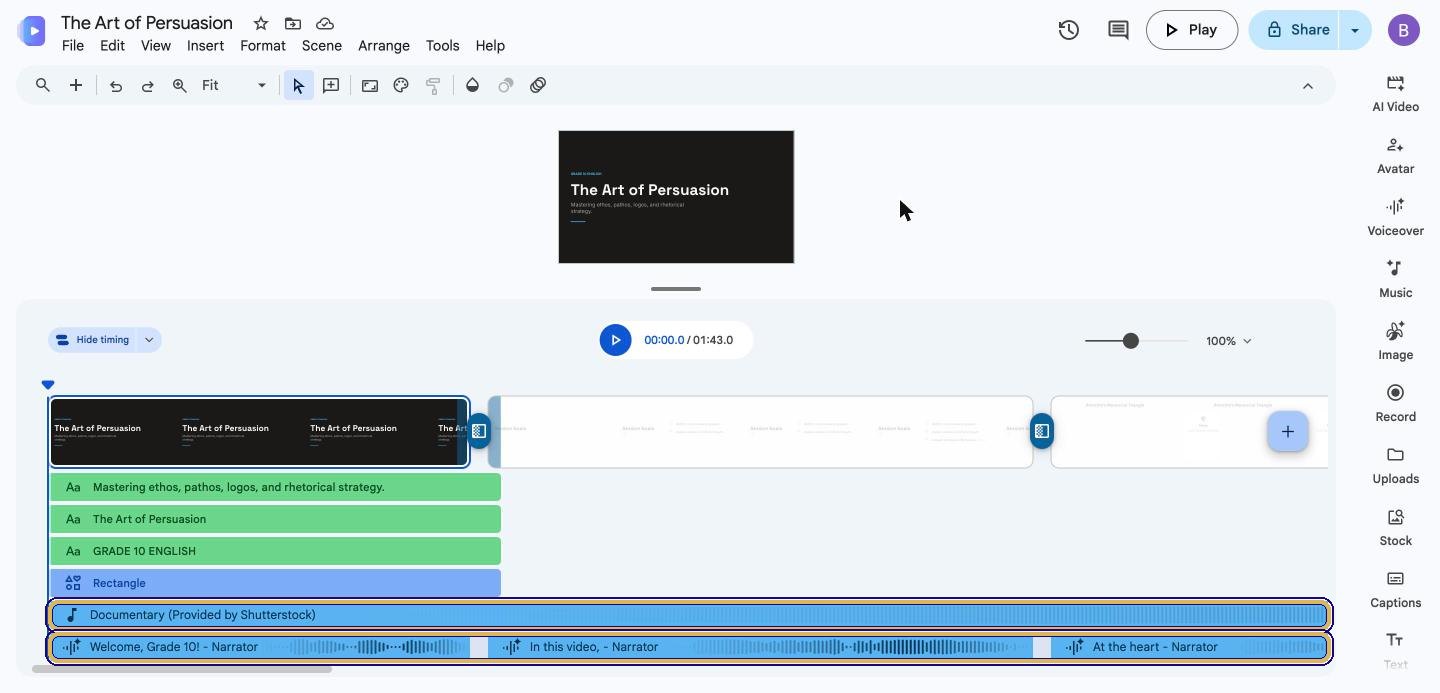 The draft video in Google Vids with the Documentary music track and the voiceover clips highlighted on the timeline