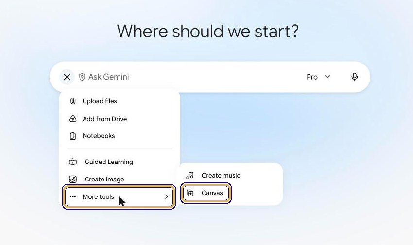 Gemini plus menu open with More tools highlighted and Canvas highlighted in the submenu