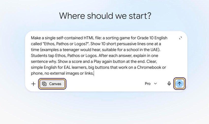 The full prompt typed into the Gemini chat box, with the Canvas chip and the send arrow highlighted