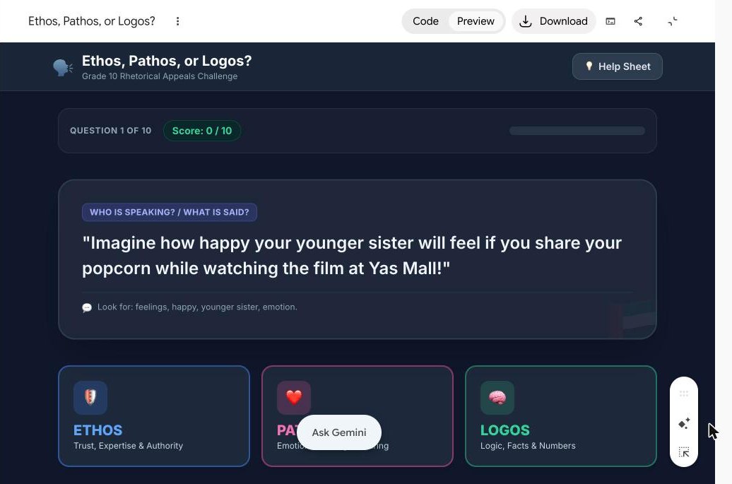 The game in full screen showing a persuasive line about sharing popcorn at Yas Mall and three buttons: Ethos, Pathos and Logos