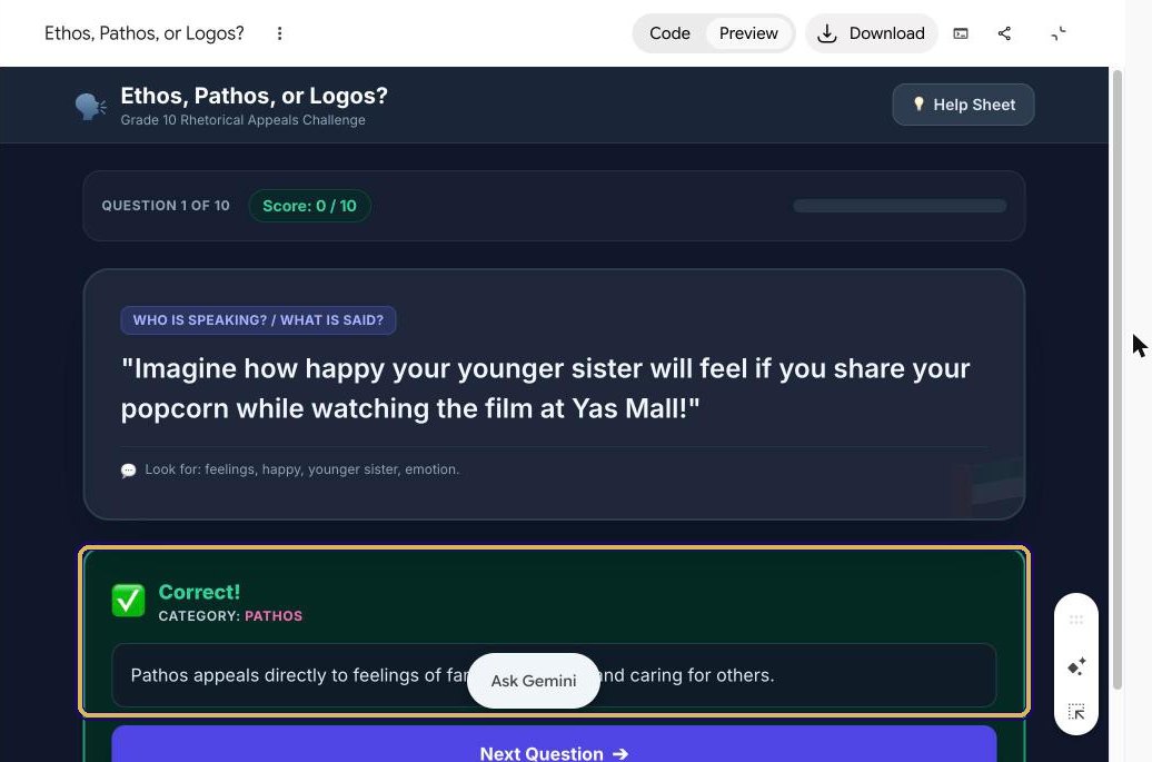Correct! Category: Pathos, with a one-sentence explanation and a Next Question button highlighted