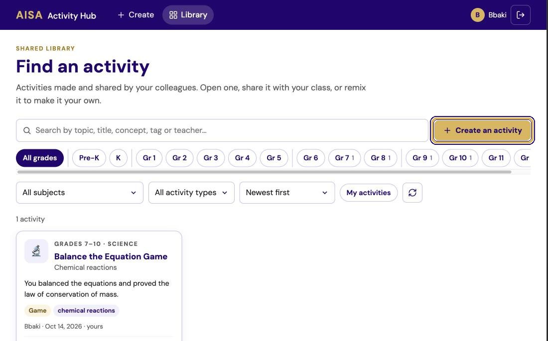 Activity Hub library page, Find an activity, with the Create an activity button highlighted