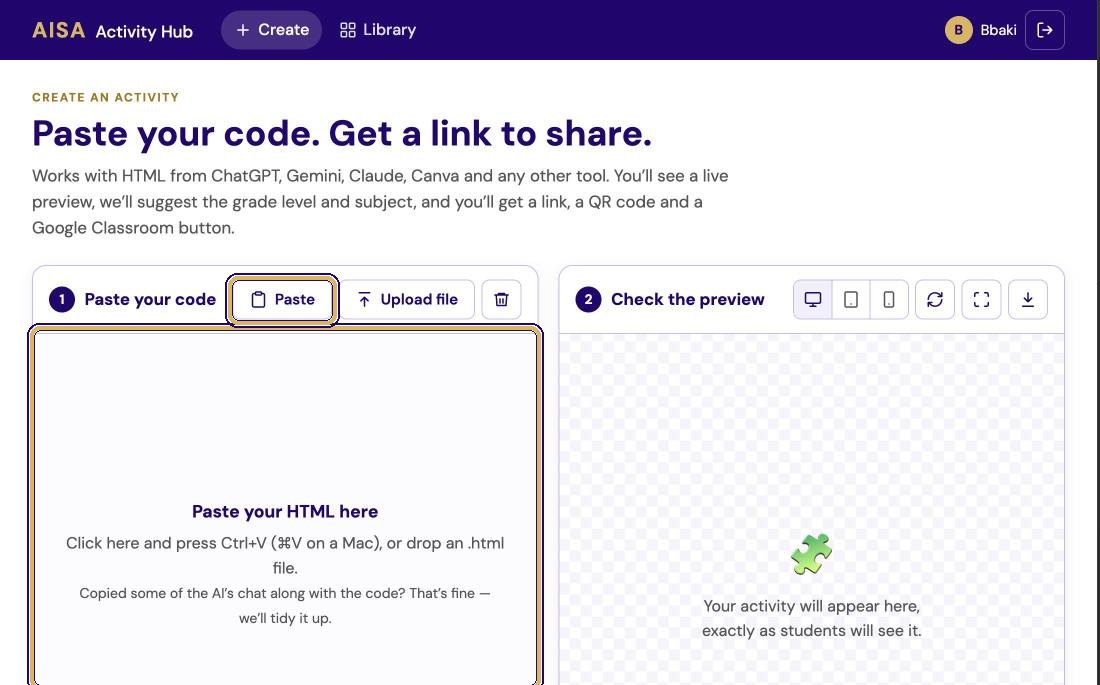 Create page: Paste your code. Get a link to share. The empty paste box and the Paste button are highlighted