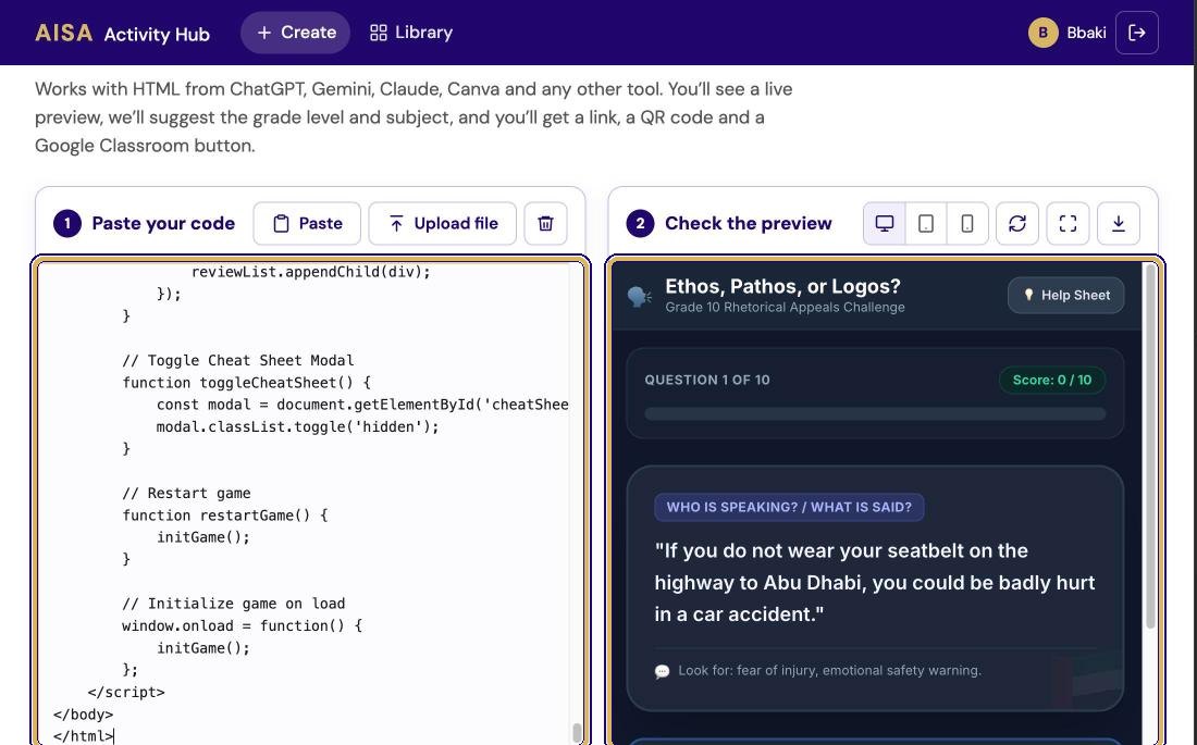 The pasted code on the left and the working game in the preview on the right, both highlighted