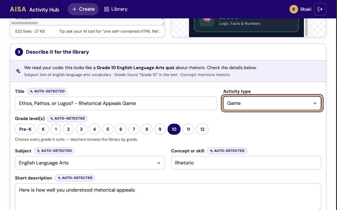 Activity type changed from Quiz to Game, highlighted